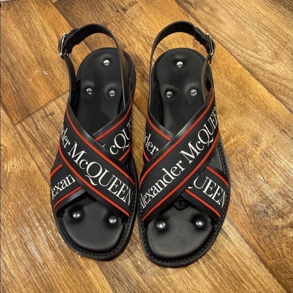 Alexander McQueen $650 Black Silver Crossed Hybrid Men’s Slide Sandals MCQ US 11 - Picture 2 of 11